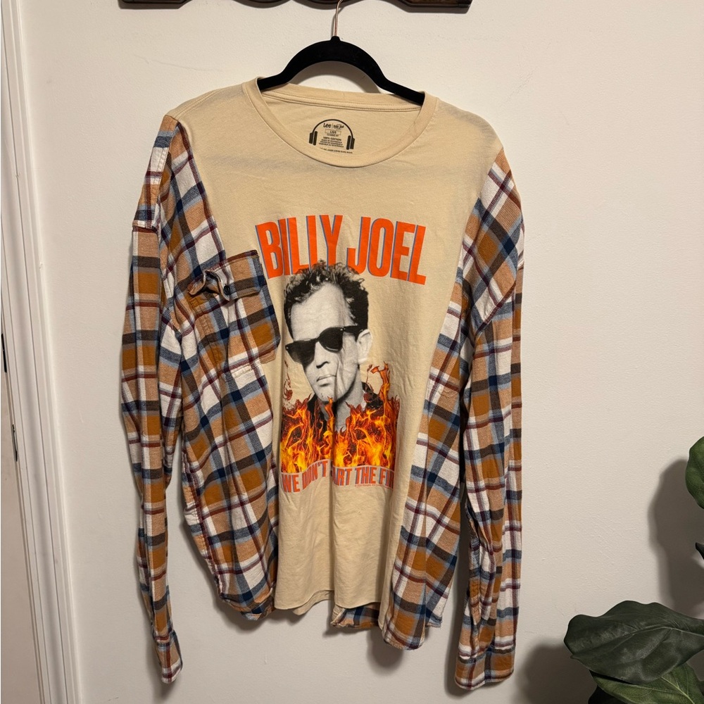 Reworked Billy Joel Graphic Tee with Flannel Sleeves